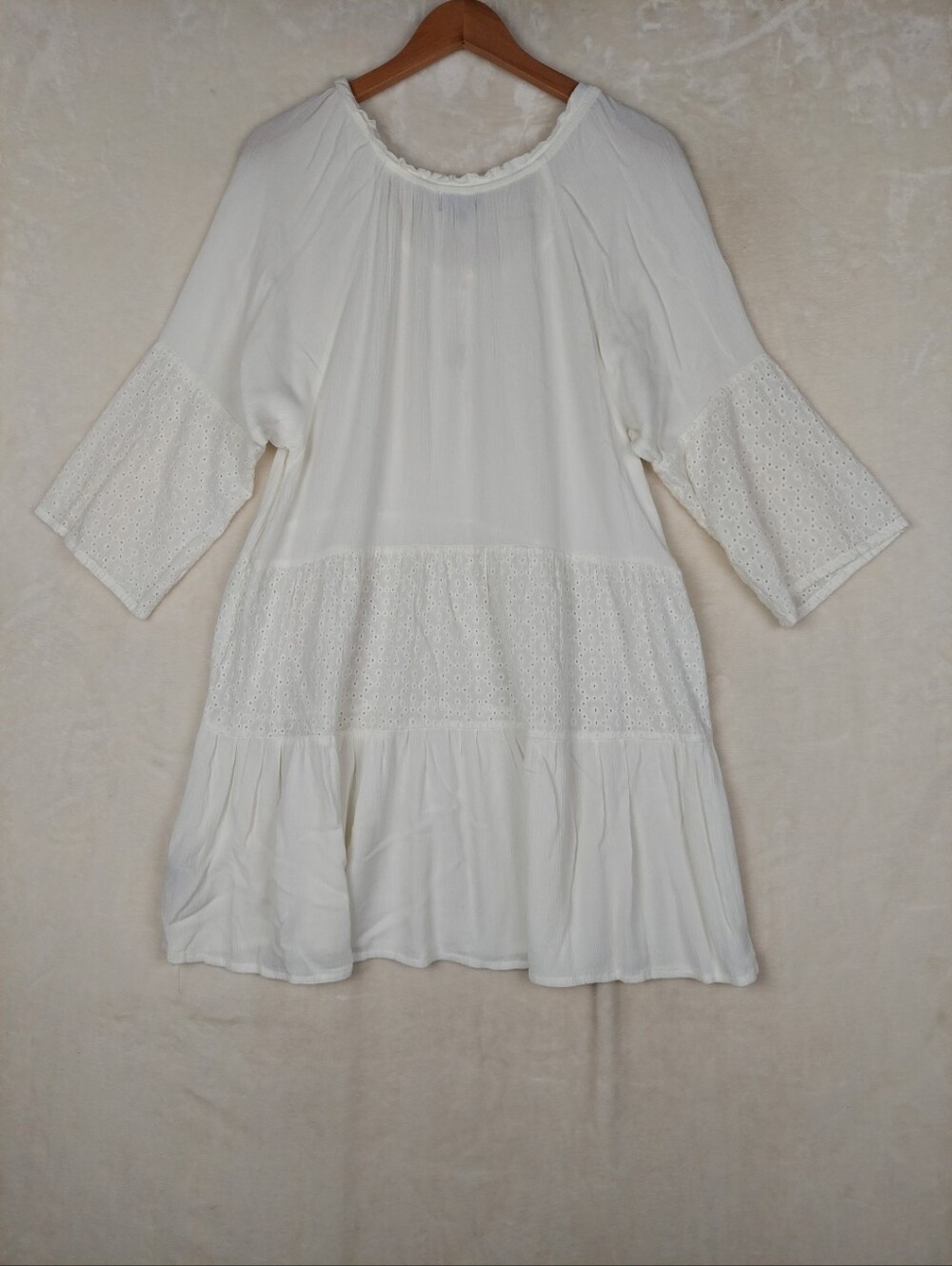 Sperry Boho Mini Dress Women's Medium Crinkled Gauze Eyelet Lace Tiered Festival - Picture 5 of 12